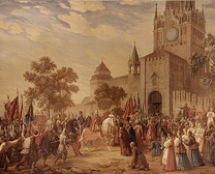 Vladimir Cherniy. The Triumphal Entry of Prince Pozharsky and Kuzma Minin into Moscow Freed from Polish Invaders in 1612. The stage curtain of the Bolshoi Theatre. In cooperation with Kravtsov and Pikalova.